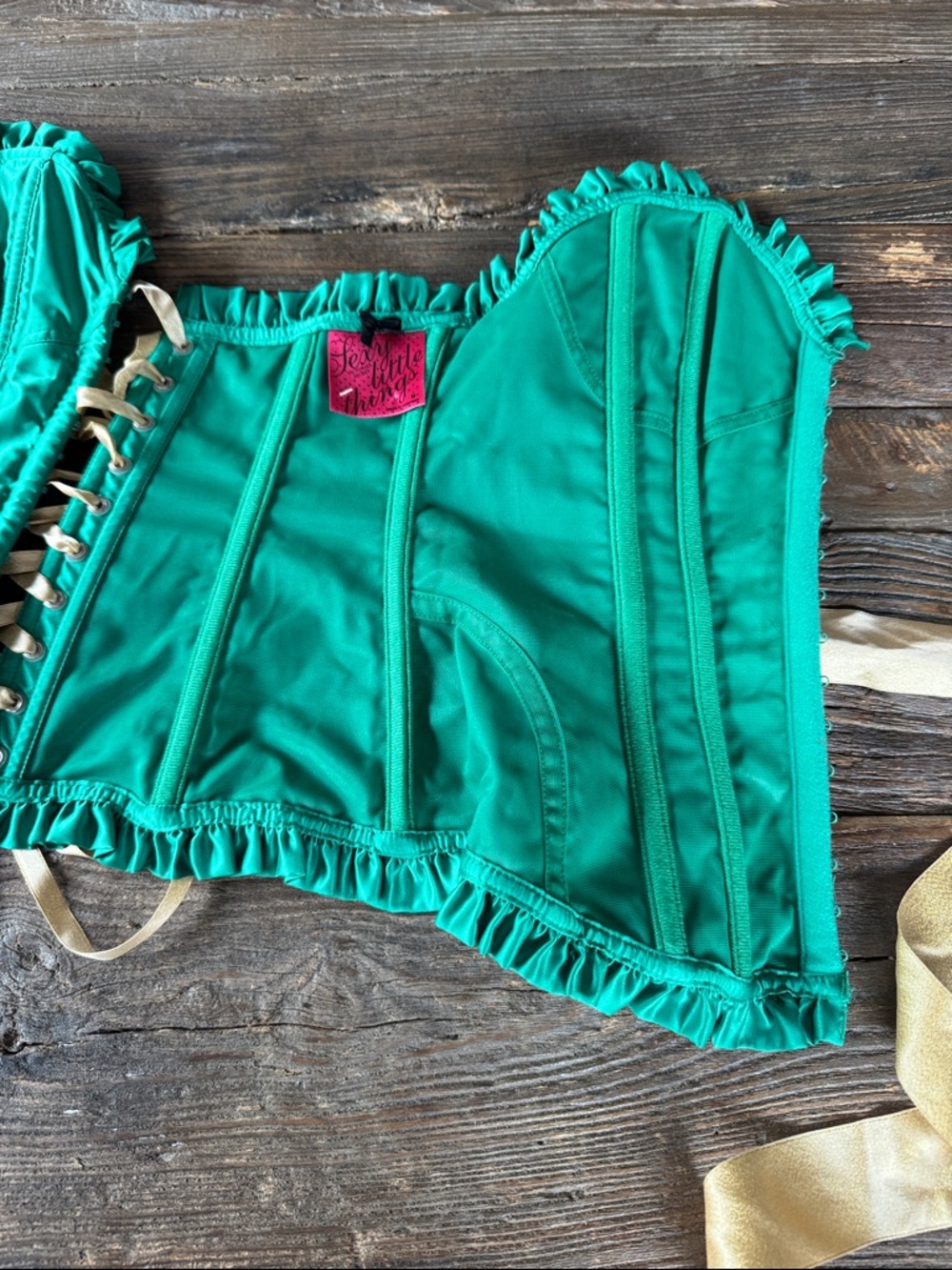Victoria’s Secret Emerald Green corset ruffles boning metallic gold ribbon Med - Picture 10 of 11